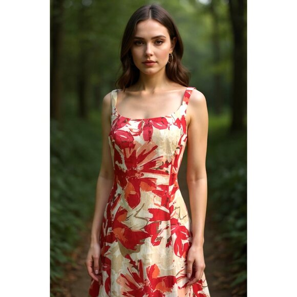 R&K Red Coral Floral Print Cotton Fit & Flare Sundress Size 14 Summer Wedding - Picture 6 of 6
